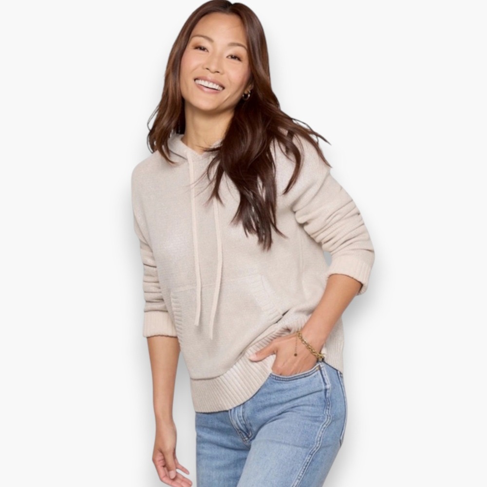 EVEREVE Aspen Silver Oatmeal Metallic Hoodie Sweater Small Oversized Cozy